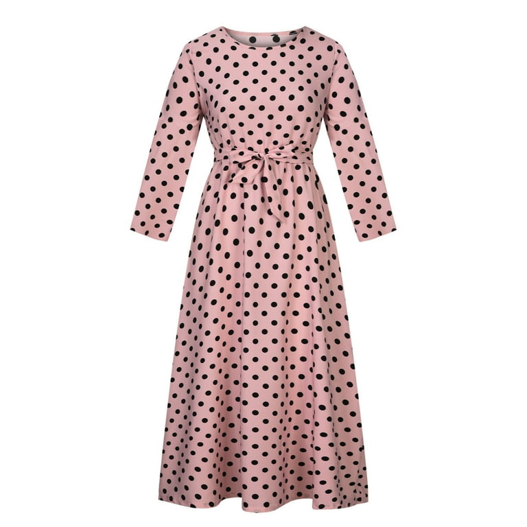 Maxi Dress for Women Long Sleeve Crewneck Polka Dots Printed Long Maxi Dress  Bowknot Belted Casual Loose Swing Dress - Walmart.com
