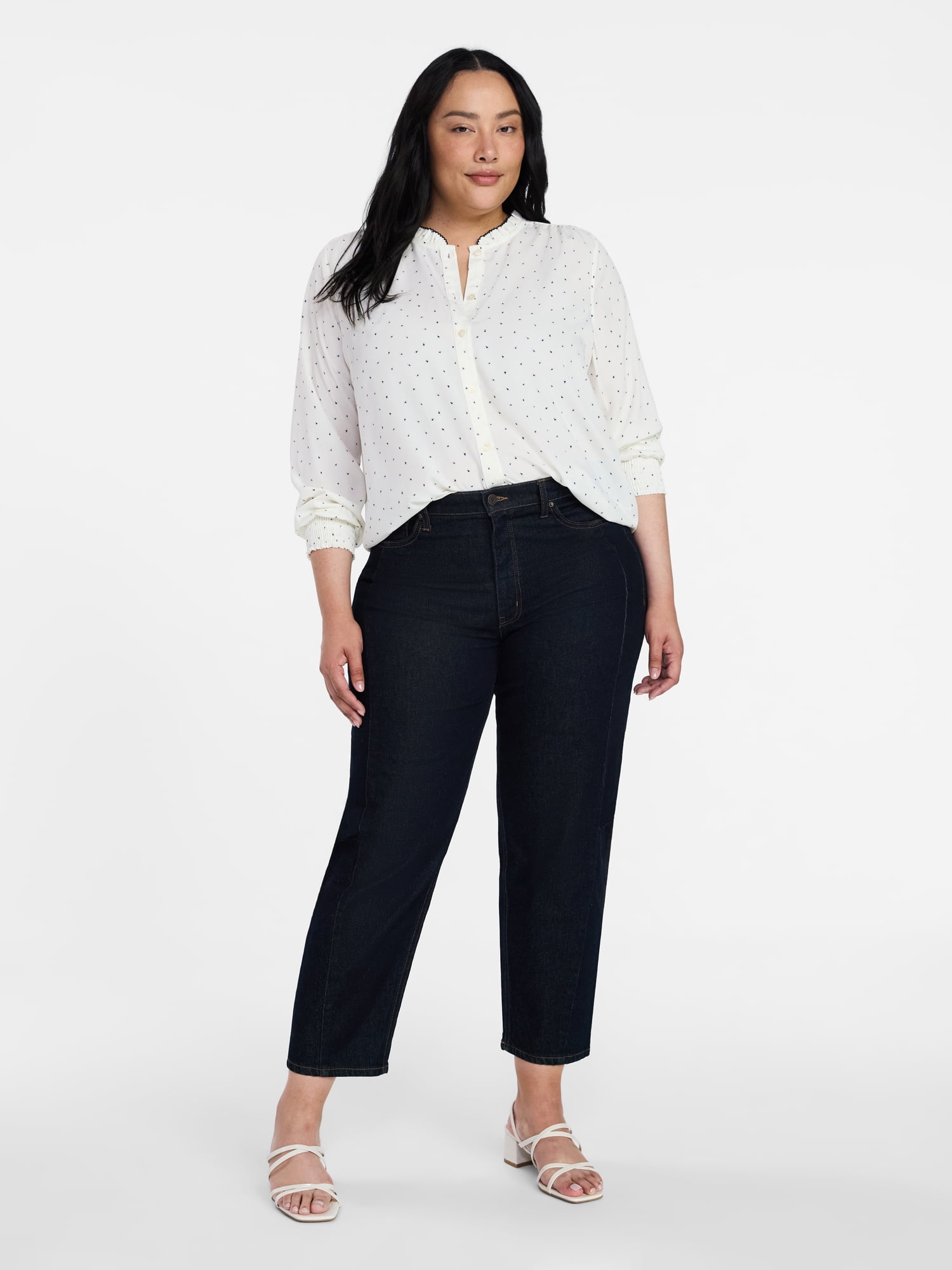 Time and Tru Women's Ruffle Button Down Blouse with Long Sleeves, Sizes XS-XXXL