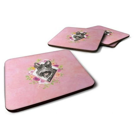 

3.5 x 3.5 in. Scottish Terrier Pink Flowers Foam Coaster - Set of 4