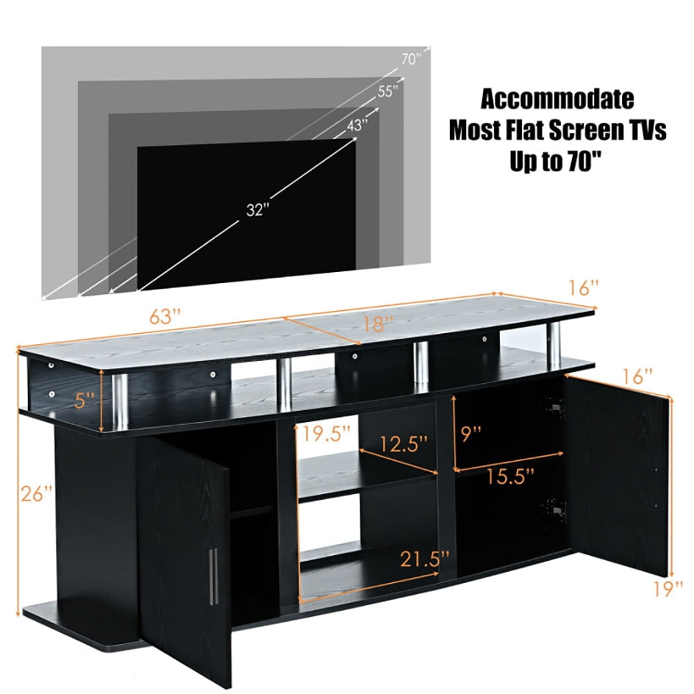 Finihen TV Stand, TV Cabinet, 63 Inch TV Entertainment Console Center with 2 Cabinets, Media Entertainment Center with Storage, for Living Room, Bedroom, Black