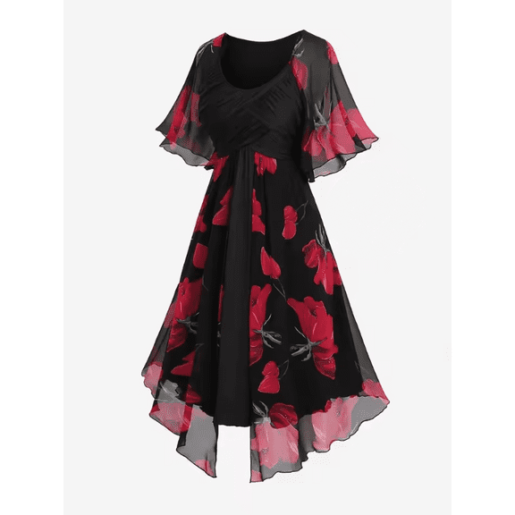 Plus Size Black Red Floral Chiffon Midi Dress, Flutter Sleeve Empire Waist A-Line Dress with Asymmetrical Hem