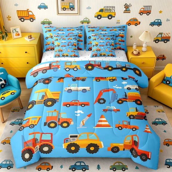 Castle Fairy Cartoon Construction Truck Twin Bedding Sets 7-Piece for Kids,Cute Excavator Vehicle Bedding Comforter Set for Bedroom,Bright Blue