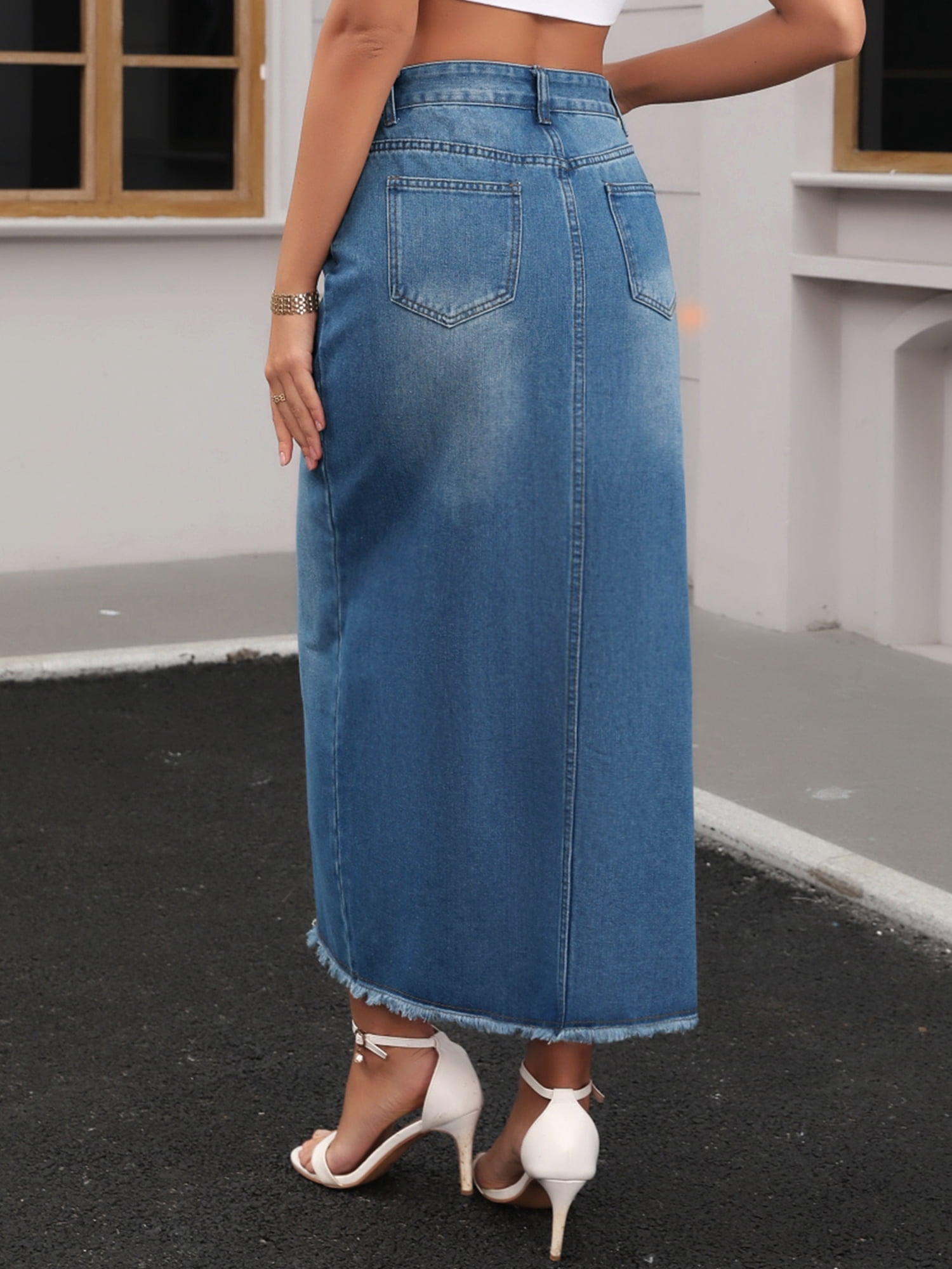 DARING DIVA Women's Denim Split Front Raw Hem Washed Maxi Jean Skirts XX-Large Blue