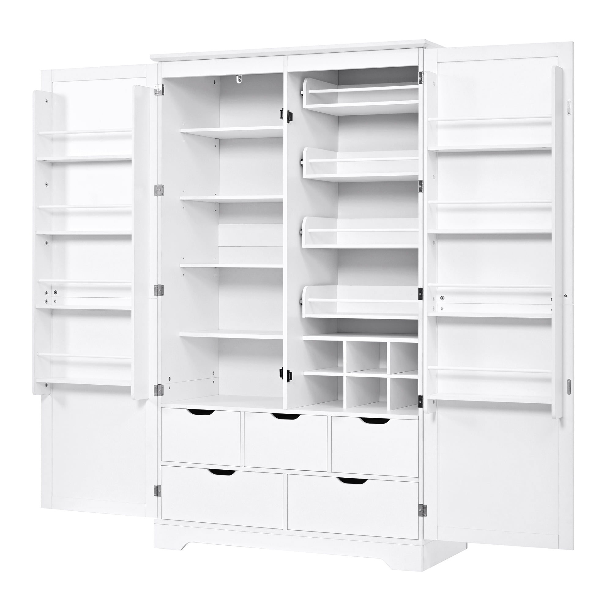 Mintazer 72" Tall Freestanding Kitchen Pantry Cabinet with 5 Drawers, Adjustable Shelves, Pull‑Out Trays & Door Storage Racks for Kitchen Dining Room Living Room, White