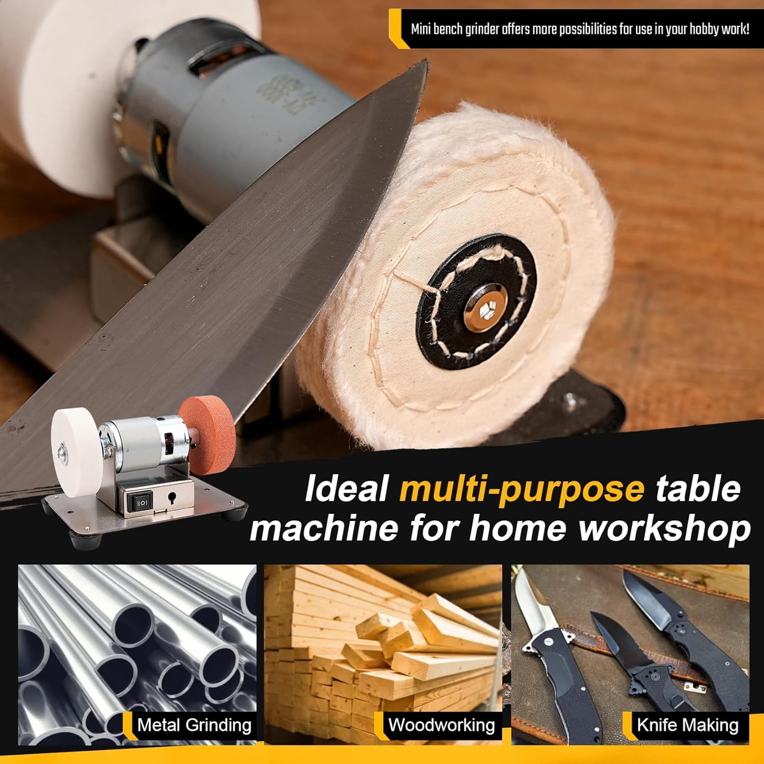 Mini Bench Grinder with 3 Wheels, Electric Multi-Purpose Grinding Machine for Metal, Wood, Knife Making, Jewelry Buffing, 6.3 x 3.5 inch Base