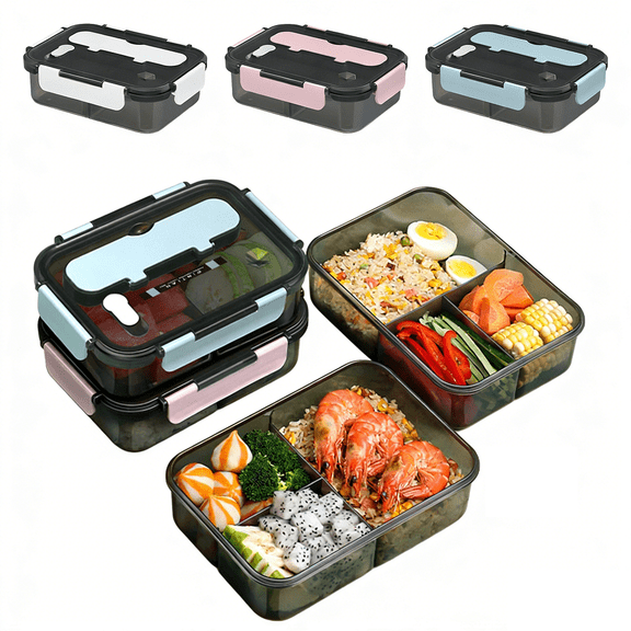 Lksixu Bento Lunch Box for Adults, 3 Compartment Snack Containers with Spoon & Fork, Reusable Meal Prep Containers with Lids, BPA-Free Plastic Food Storage Container Dishwasher & Microwave Safe