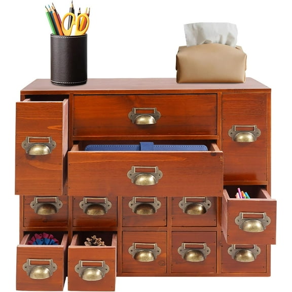 Desk Organizer with 14 Drawers, 4 Tier Wooden Apothecary Cabinet Desktop Storage Cabinet with Label Boxes, Makeup Organizer Filing Case for Office Bedroom Home, L21*W6.3*H16.7in