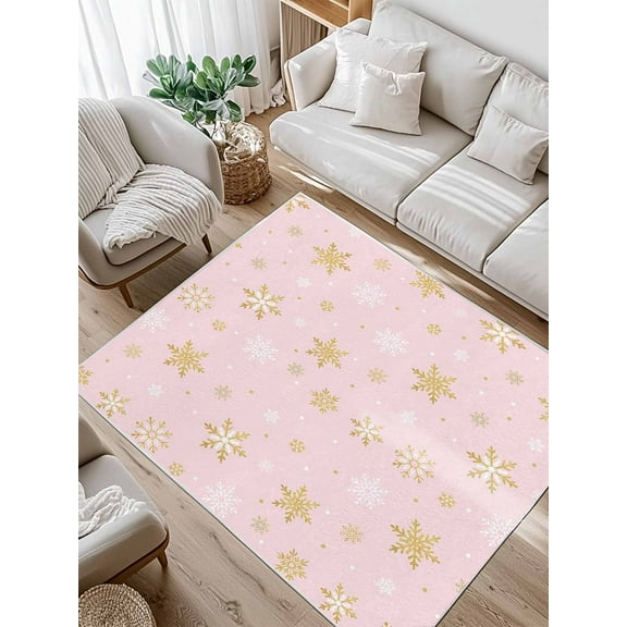 Christmas Gold Area Rug for Bedroom 3x5 Ft and White Snowflake Pink Super Soft fuzzy Throw Rug Non-Slip Fluffy Plush Indoor Floor Carpet for Living Room Nursery Home Decor