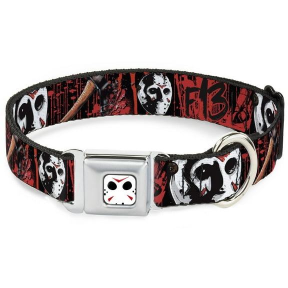 Warner Bros. Horror Movies Pet Collar, Dog Collar Metal Seatbelt Buckle, Friday the 13th Jason Mask Axe Blood Splatter Black Red, 9.5 to 13 Inches 1.0 Inch Wide