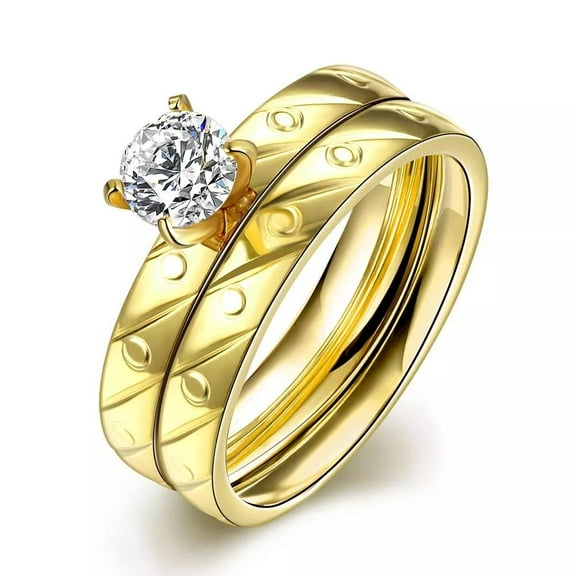 Stainless Steel Bridal Engagement Set Ring Yellow Gold Aaa Zirconia Women B441