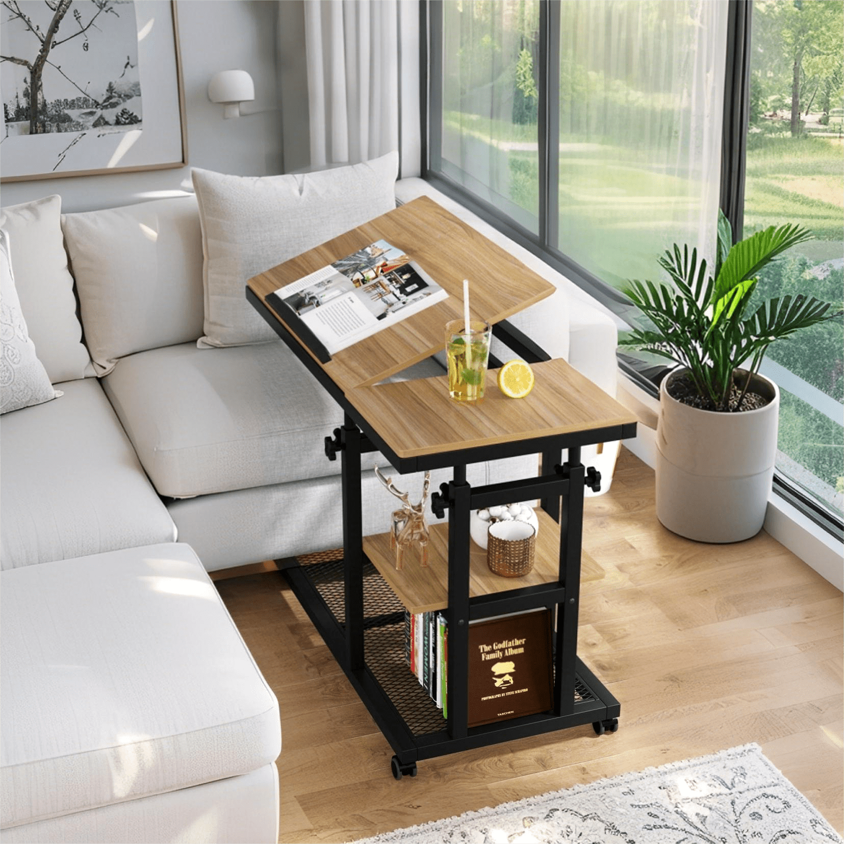 Fnova Mobile Side Table with Wheels, Snack Tray, Height-Adjustable C-Shape Desk, Tiltable Drawing Board, Laptop Stand, Storage Shelves for Living Room, Bedside Table for Couch