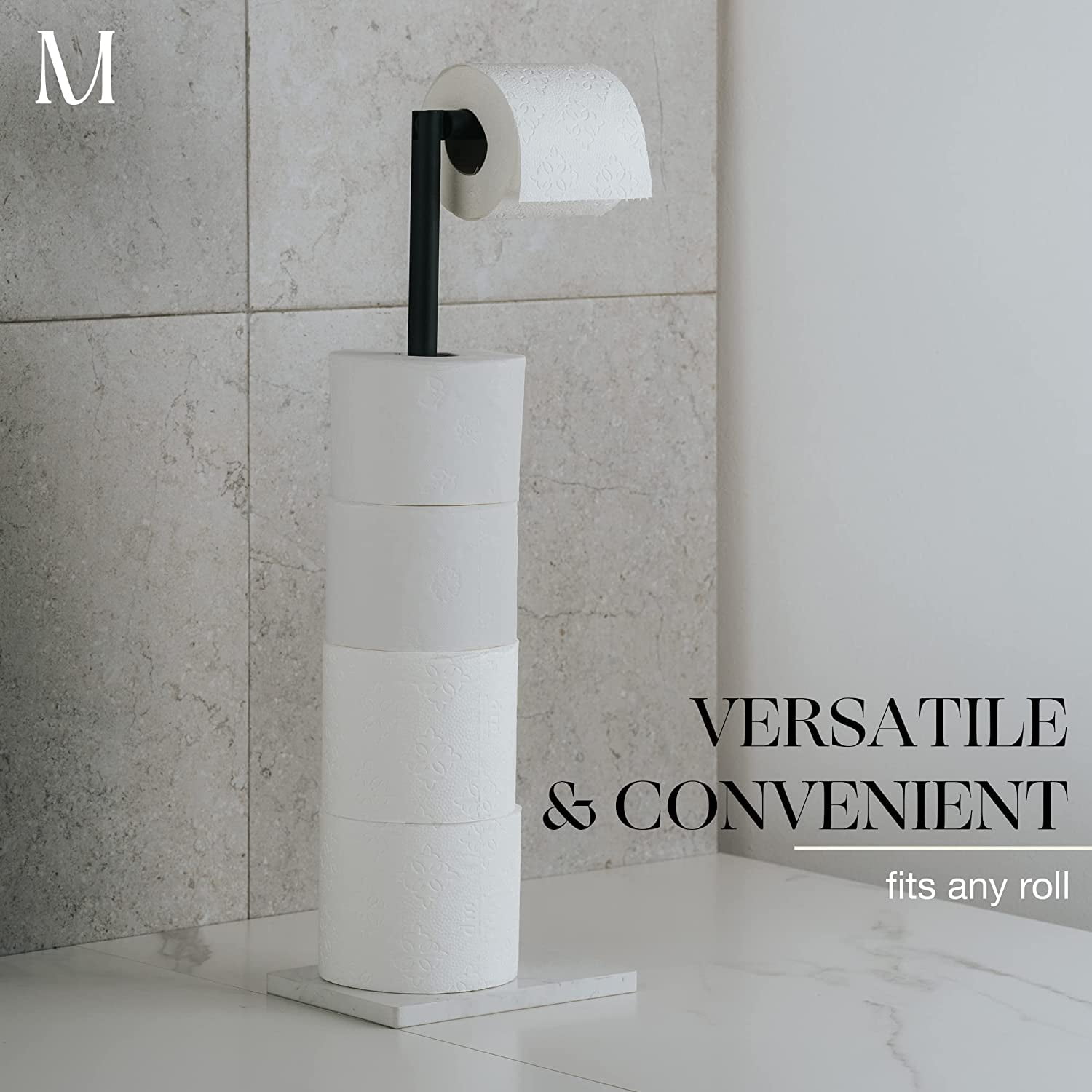 Marmolux Acc Matte Black Toilet Paper Holder Free Standing W/ White Marble Base Storage for Bathroom