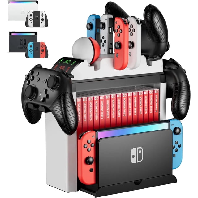 Base organizadora con estación de carga para mandos - Soporte cargador compatible con Nintendo Switch y Joycons OLED, mando Pro - Torre de almacenamiento de accesorios para juegos, base para TV
