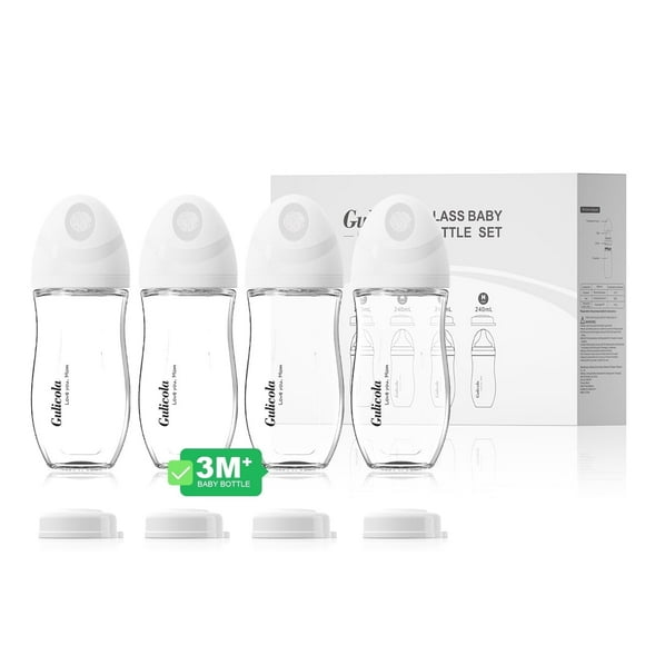 Gulicola Juego de Biberones de Vidrio Natural de 8 oz para Bebés Amamantados, Anticólicos, sin Tincho, Tetina de Flujo Medio, 3 Meses +, Paquete de 4