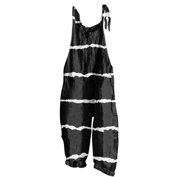 up to 60% off Gifts Jumpsuits for Women Fashion Loose Wide Leg Adjustable Strap Cotton Linen Pocket Baggy Jumpsuits Overalls Summer Formal Striped Print Crewneck Sleeveless Long Rompers Black l