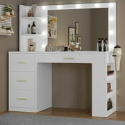 Uforic Makeup Vanity Desk with Mirror & Lights, Vanity Desk with 4 Drawers & Storage Shelves - White