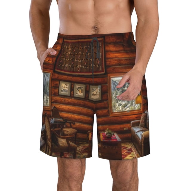 Sikiie Log Cabin Inside Print Men's Beach Shorts, High Elastic Quick-drying Shorts - with Drawstring and Slip Pockets, Suitable for Beach, Sports, Vacation-Small
