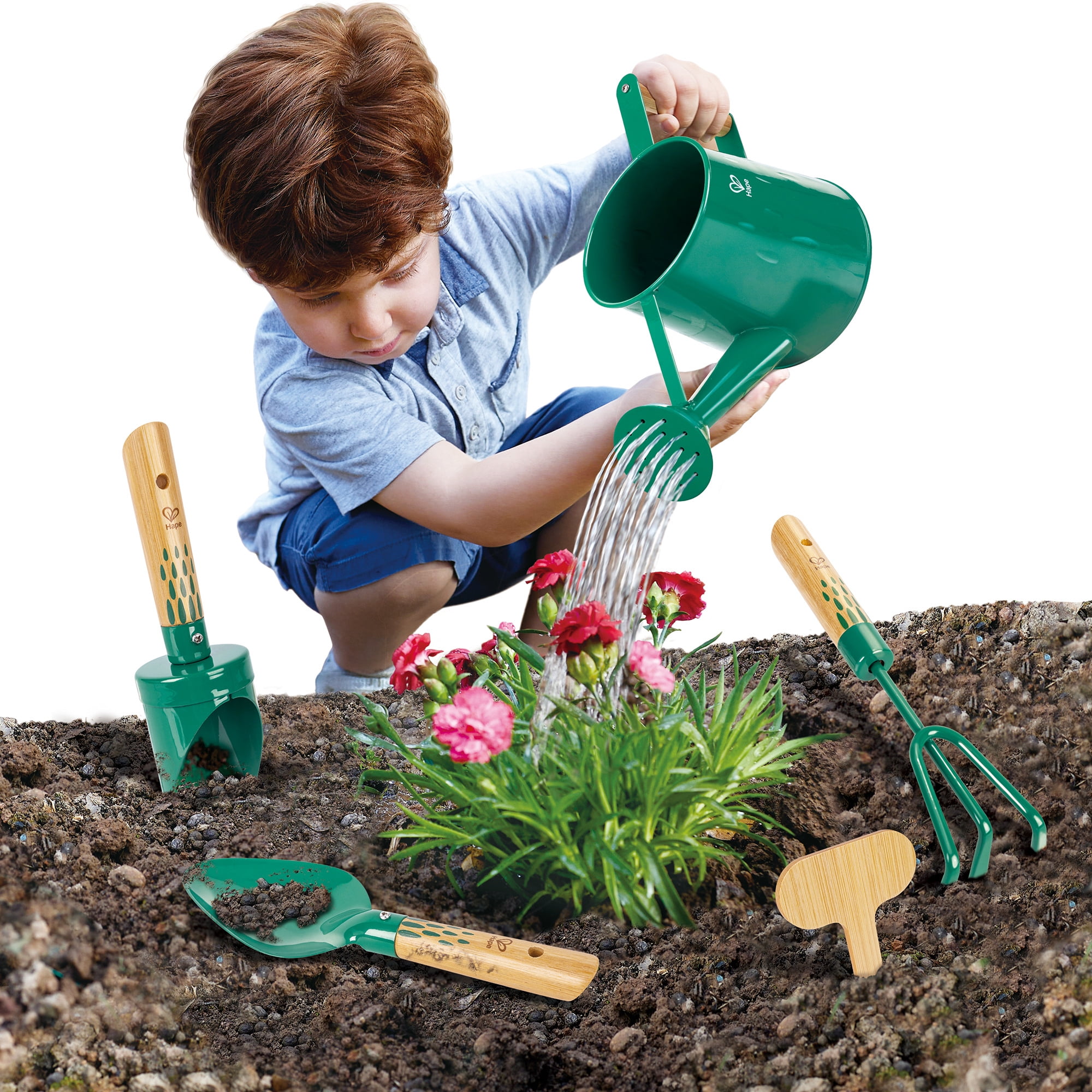 Hape: Nature Fun - Gardening Tool Set - Green 6pc Set, Bamboo & Metal, Water Can & Tools, Sturdy Enough To Use In The Garden, Outdoor Toy, Kids Age 4+