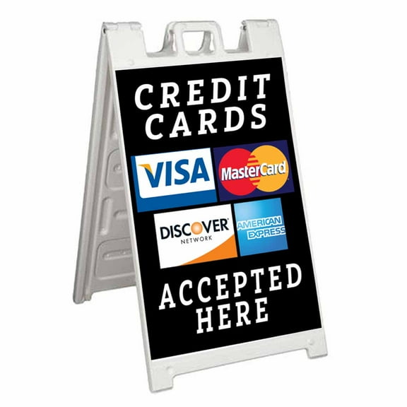 Credit Cards Accepted Here (24" X 36") Standard A-Frame Signicade, Includes Decal Applied To Stand
