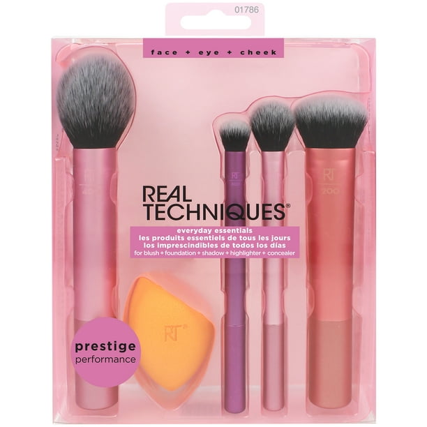 Real Techniques Everyday Essentials Kit with 1 Miracle Complexion Sponge, Makuep Brush Set with Sponge Blender For Foundation, Blush, Concealer, 5 Piece Set