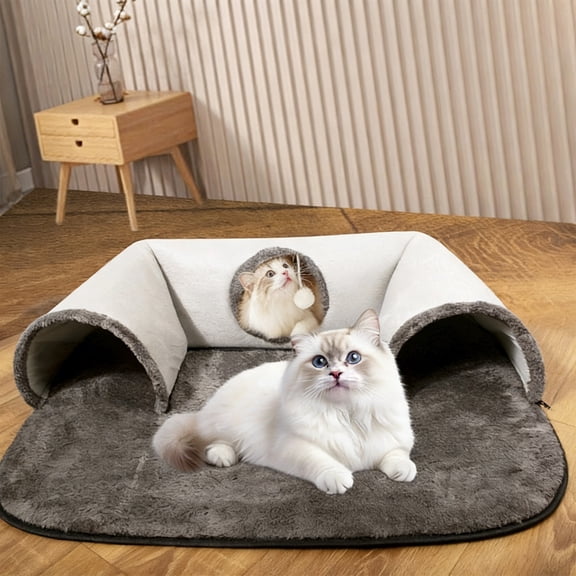 U-Shaped Cat Tunnel Bed for Multiple Cats with Hanging Toy, Enclosed Washable Cat Cave for Indoor Outdoor Use, Machine Washable Soft Pet Bed