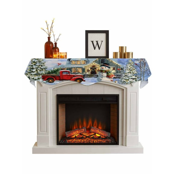 Farmhouse Christmas Snowman Fireplace Mantle Scarf, Xmas Tree Truck Snowflake Mantel Cover Table Runner for Home Living Room Door Window, Indoor Outdoor Holiday Party Decor 17" x 70"