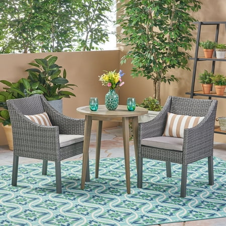 Gabriella Outdoor 3 Piece Wood and Wicker Bistro Set with Cushions Gray Gray Silver