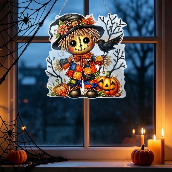 Halloween Diamond Art Pendant, Ghost Black Cat Scarecrow Door Hanger, Acrylic Imitation Diamond Printed Wall Window Decor by MPOISVA