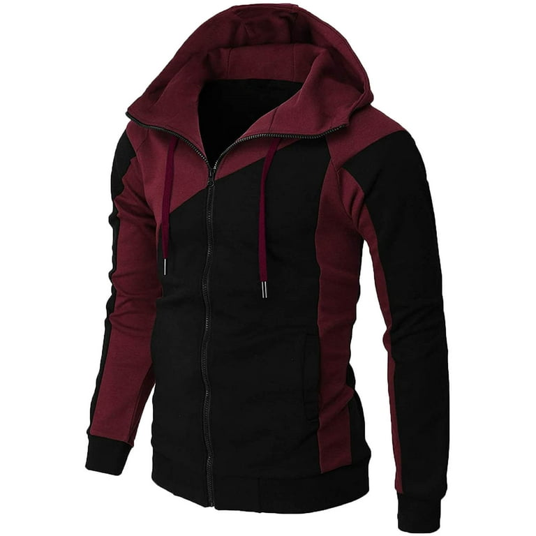 Hfyihgf Men s Jacket Color Block Full Zip Hoodie Long Sleeve Slim Fit Lightweight Gym Sports Hooded Sweatshirt Coat with Pocket Wine M Walmart