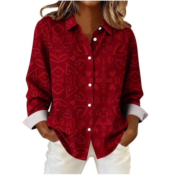 FDGIU Women Valentine's Day Shirt - Long Sleeve Button Down V-Neck Love Heart Graphic Cute Top