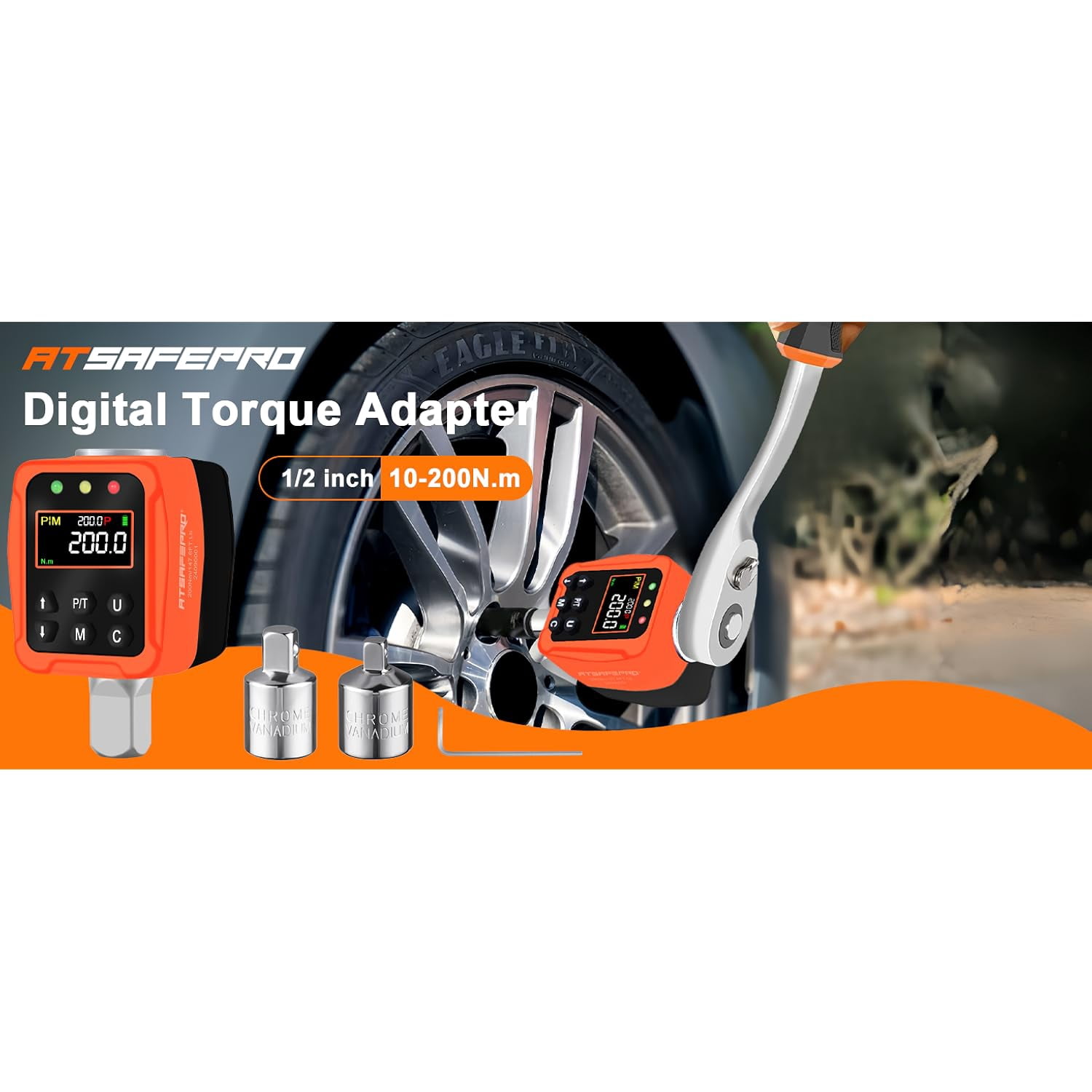 1/2" Digital Torque Adapter, 7.4-147.5 Ft-lb/10-200 Nm,1/2” Drive Digital Torque Wrench Converter,3/8'' & 1/4'' Adapter