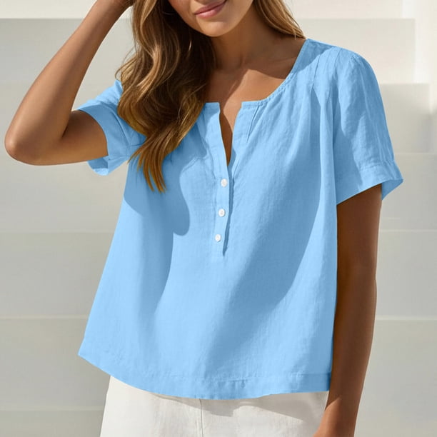 Craaazy Women's Casual V Neck Blouse, Solid Color Short Sleeve Cotton Linen Top, Loose Fit Comfy Henley Tunic for Daily Wear Gifts