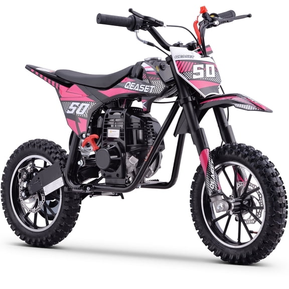 QEASET Gas Mini Dirt Bike, 39.4 CC 4-Stroke Dirt Bike, Rear Shock Absorber, Metal Frame, Disc Brakes, Max Load 165Lbs, Up to 20Mph, No Oil Mix Require, Pink