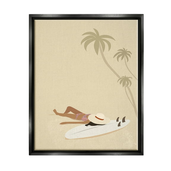 Stupell Industries Beige Summer Sunbathing Girl Coastal Painting Black Floater Framed Art Print Wall Art