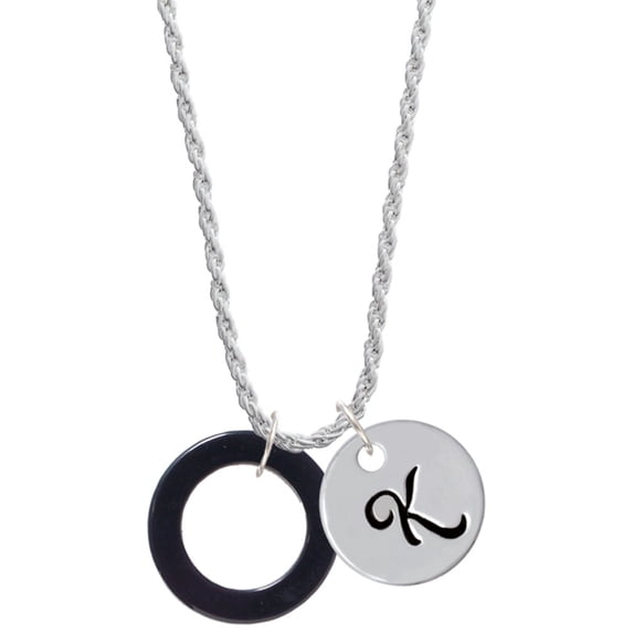Delight Jewelry Acrylic 7/8" Ring Black Silvertone Script Initial Disc - K - Charm Necklace, 20"+3"