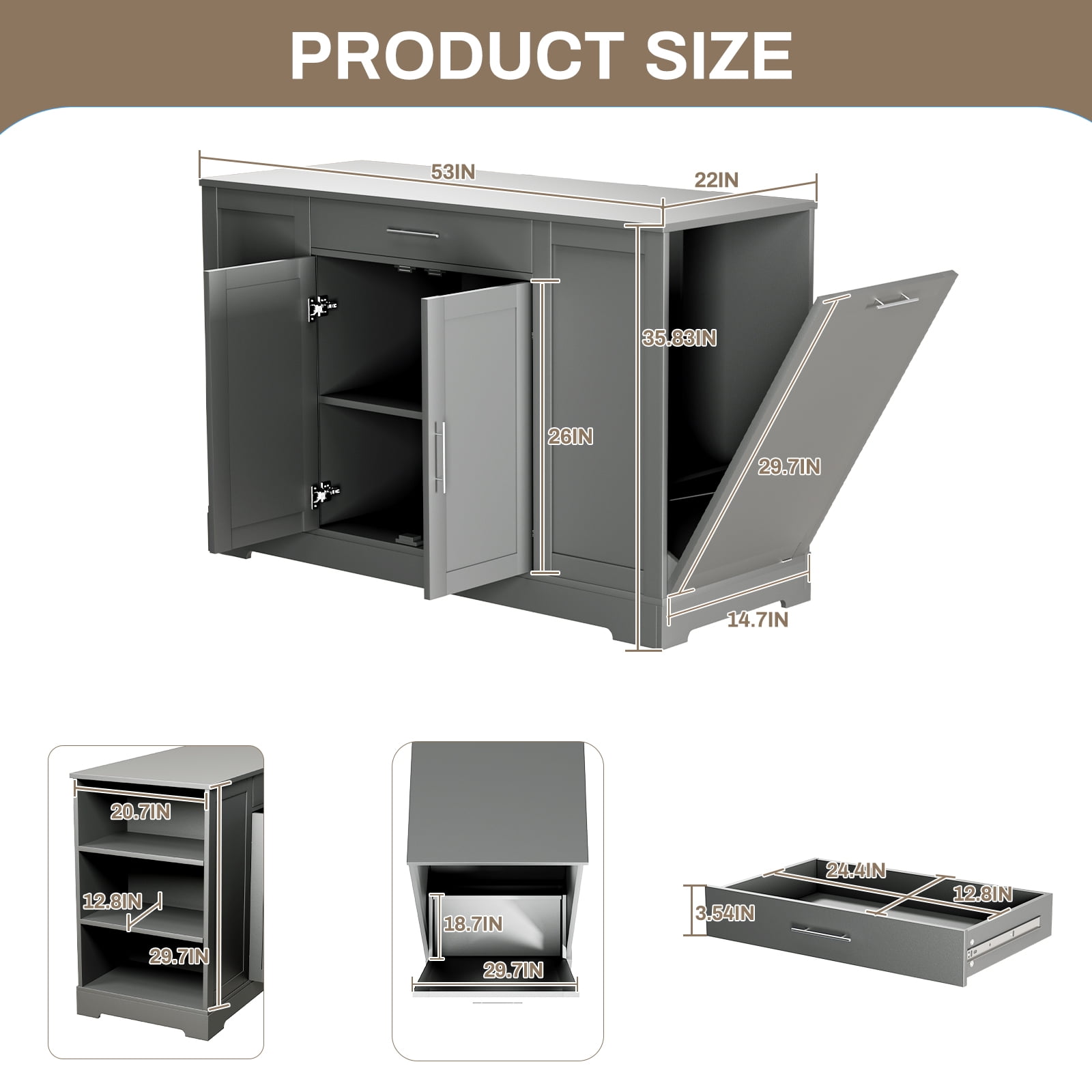 Pirecart 53" Kitchen Island with Trash Can Storage, Kitchen Island Storage with Drawer, Open Shelves, Gray