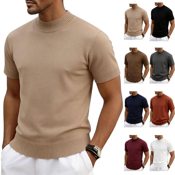 Men's Business Casual Mock Neck T-Shirts Short Sleeve Solid Color Pullover Wrinkle Free Tops for Office Work