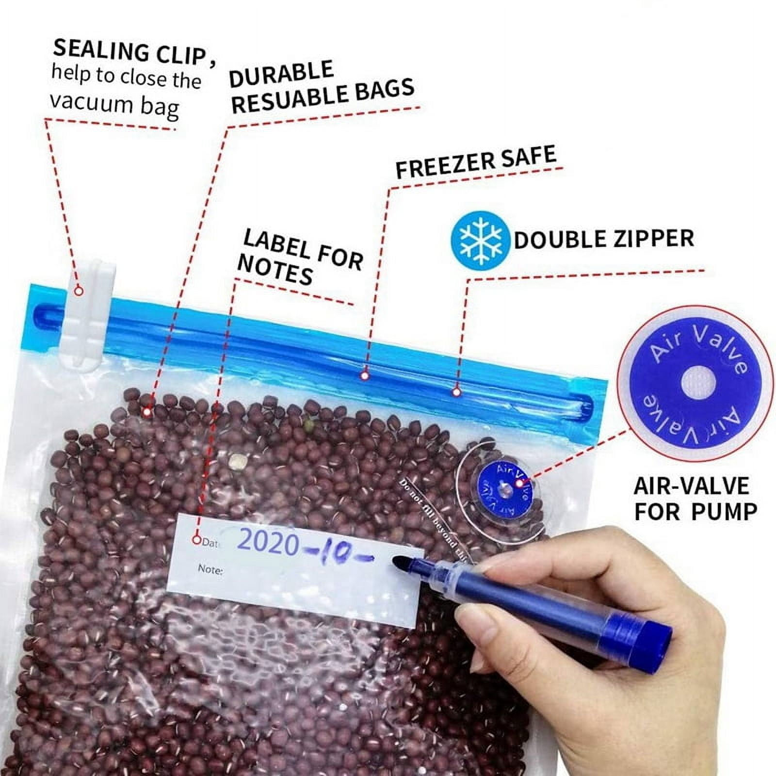 60Pack Reusable Electric Vacuum Food Storage Save Sealer Cooker with 3 Hand Pump,3 Size Sealed Bag,12 Clip