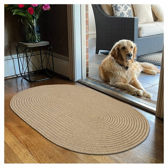 Homespice - Biscuit Solid Beige Rugs, Elegantly Braided Neutral Rugs to Use as Small Rugs for Entryway and Bathroom - Waterproof, Stain Proof and Reversible - Washable Oval Country Rugs 20x30" Inches