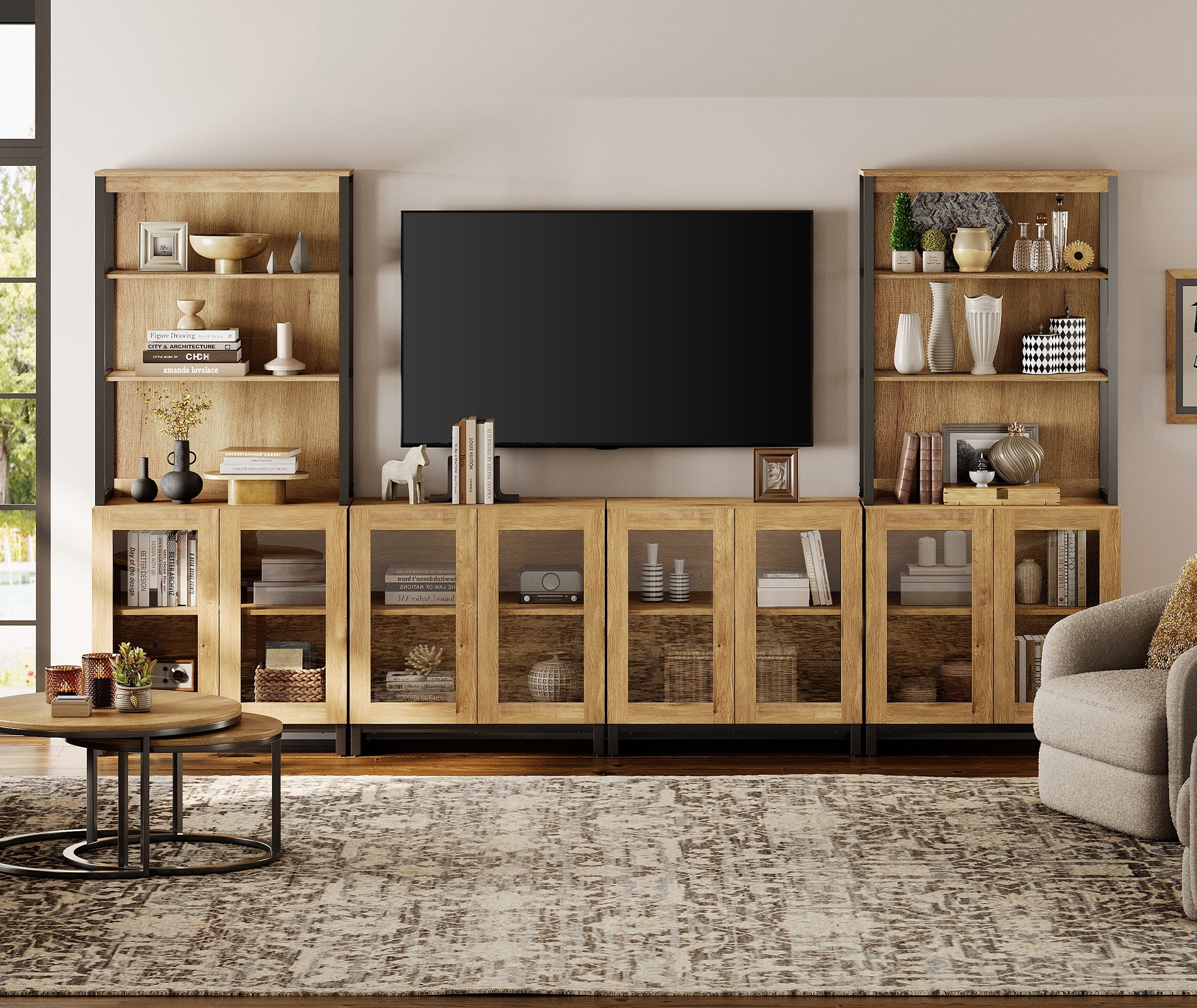 WAMPAT Modern TV Stand with 3 Tiers Bookshelf, Farmhouse Entertainment Center with 4 Large Storage Cabinets and Adjustable Shelf, Wooden Media TV Console with Glass Doors for Living Room, Oak