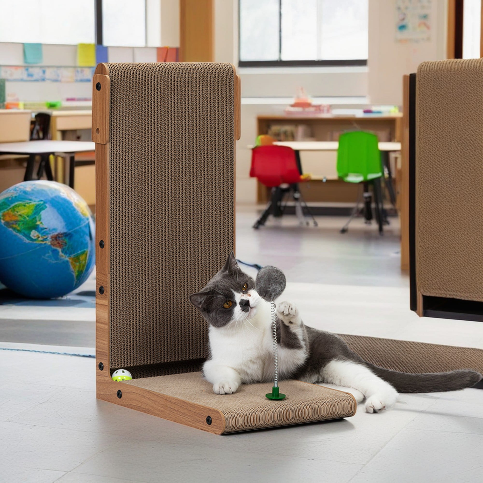 Pefilos 23" L Shaped Cat Scratching Board, Interactive Cat Scratch Pad Cat Toy with Toy Bell Ball, Corrugated Board-Covered Cat Scratcher, Brown