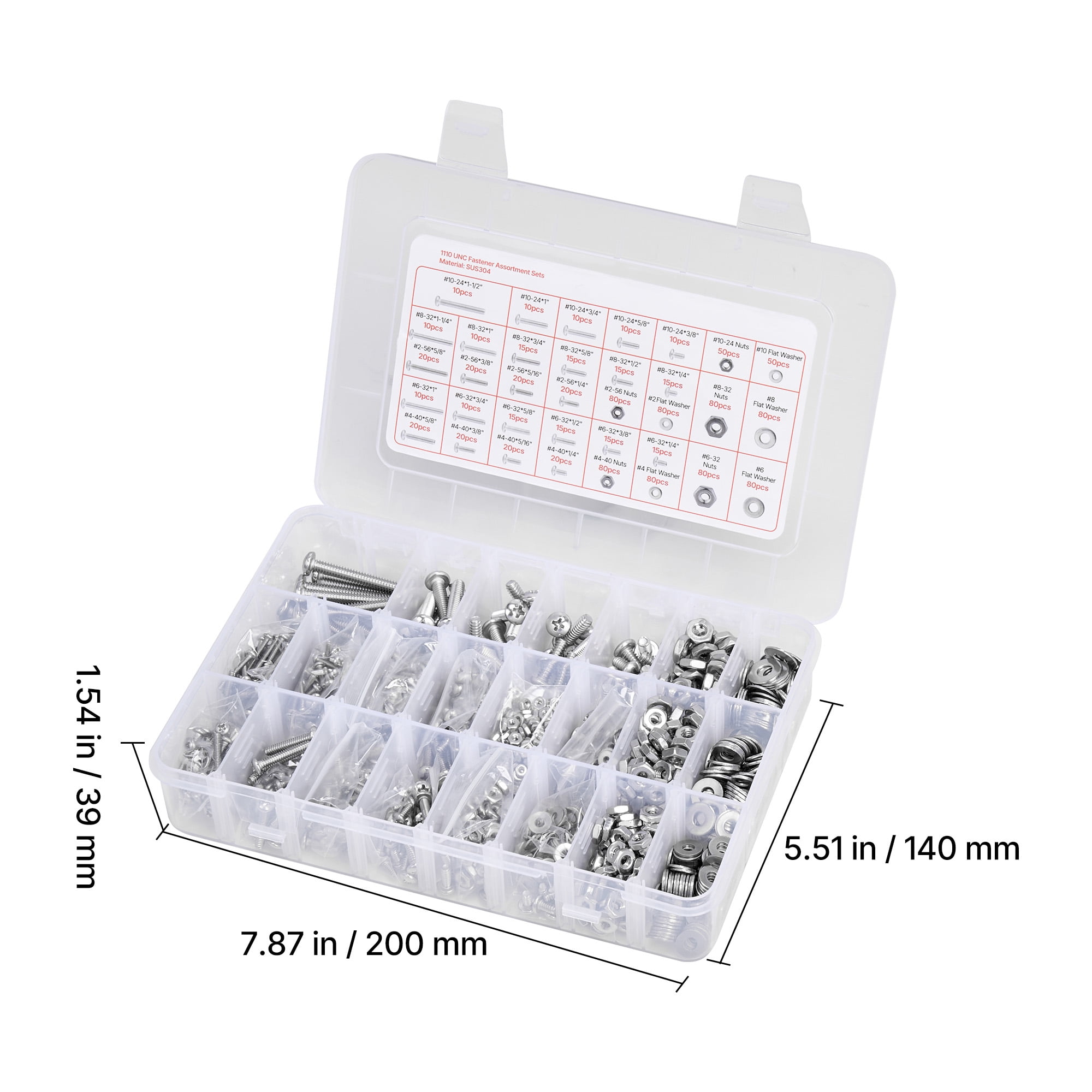 KFFKFF 1110-Piece Bolts and Nuts Assortment Kit, Stainless Steel Screws with Flat Washers, Sizes 10-24, 8-32, 2-56, 6-32, 4-40, Ideal for Furniture, Equipment, and Vehicle Assembly, Silver