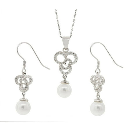 Pori Jewelers CZ Sterling Silver Pearl Fish Hook Earring and Pendant Set