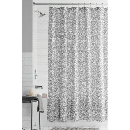 Mainstays Grey/White Botanical Printed Fabric Shower Curtain, 72" x 72"