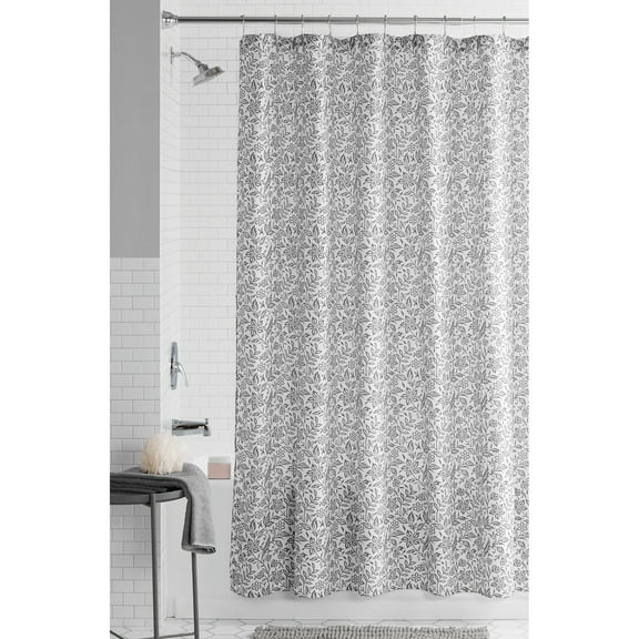 Mainstays Grey/White Botanical Printed Fabric Shower Curtain, 72" x 72"
