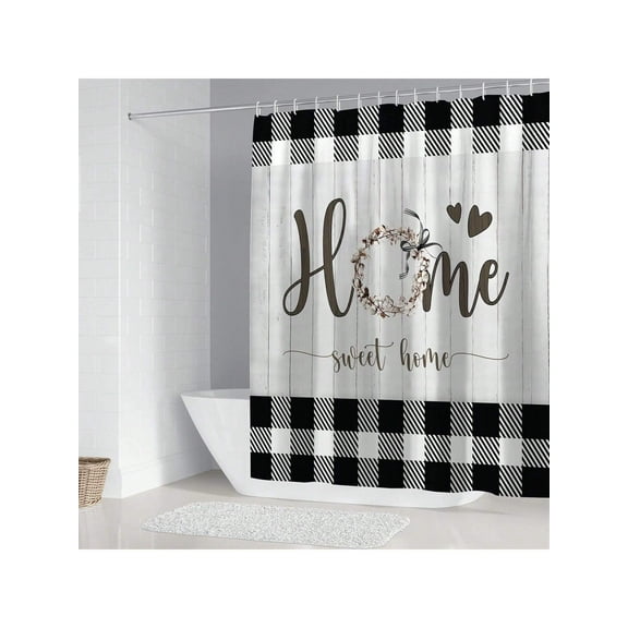 Black And White Shower Curtain Set Home Sweet Home Bathroom Sets With Rugs,Rustic Plaid Bathroom Shower Curtain Set With Carpet Bath Mat Toilet Rugs 60"(W) X 72"(H) Back To School