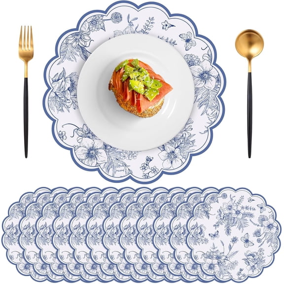 60 Pcs Blue Floral Paper Placemats, 13.5 Inch Disposable Scalloped Table Mats Wedding Placemats, Vintage Floral Banquet Place Mats for Table Setting Wedding Bridal Tea Party Wildflower Party Decor