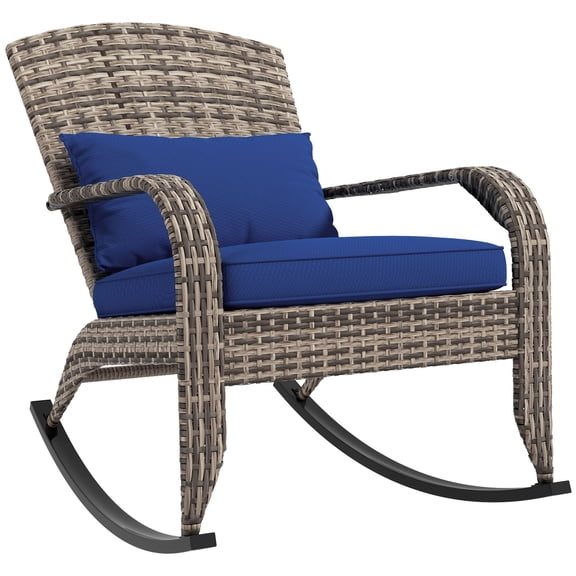 Outsunny Dark Blue Rattan Rocking Adirondack Chair - Patio Porch Rocker with Cushion & Pillow - Outdoor Garden Seating, 26" W x 38.5" H