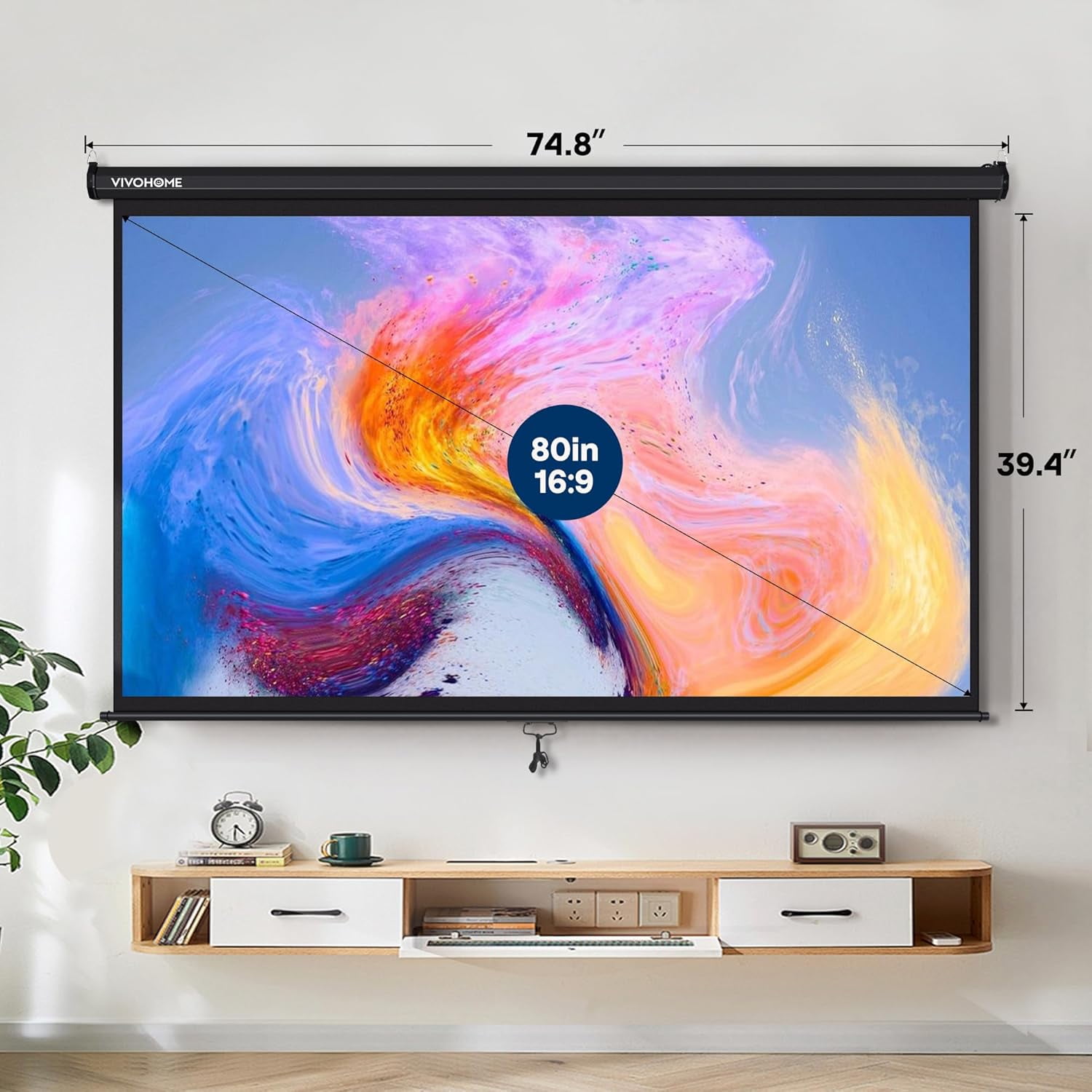 SPECSTAR 80 inch Manual Pull Down Projector Screen, 16:9 HD Retractable Projector Screens for Movie Home Theater Cinema Office Video Game, Black