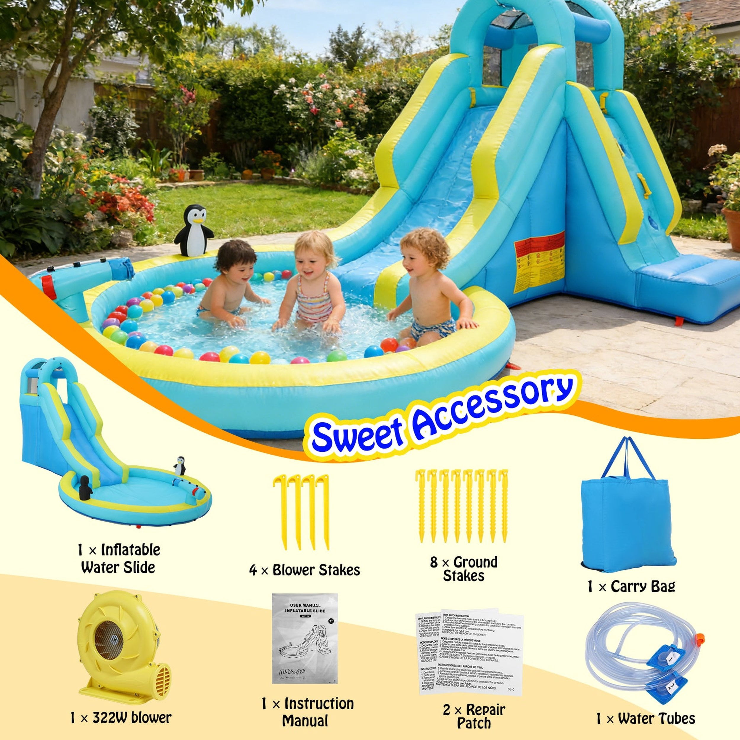 Funcid Inflatable Bounce House with Blower Indoor Outdoor, Kids Toddler Bouncy House Waterslide Park